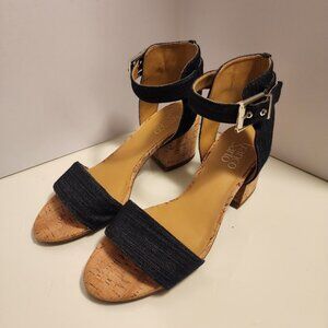 Franco Sarto Melody Blue Denim Cork Block Heel Sandals Ankle Strap Size 8